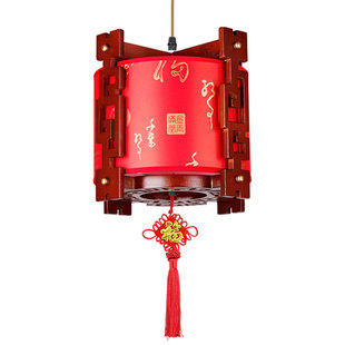 中式吊灯阳台过道走廊茶楼实木吊灯喜庆乔迁红灯笼led仿古羊皮灯