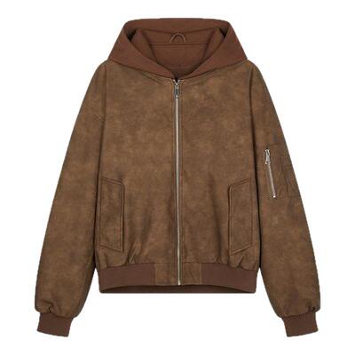 USHI悠时皮衣外套男假两件连帽美式复古休闲外套通勤时尚皮夹克