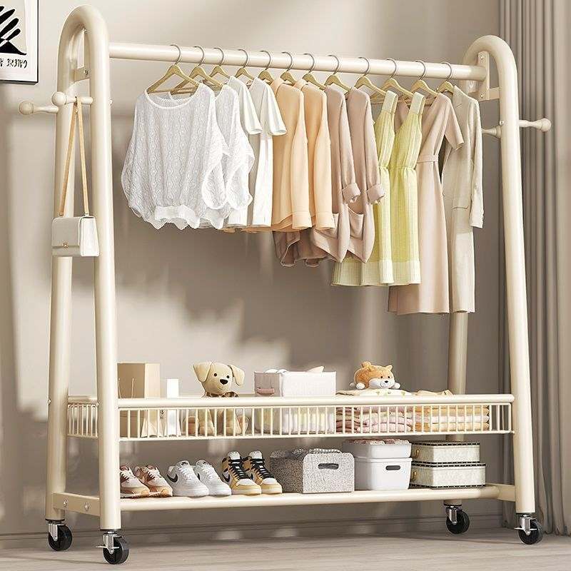 吉百居奶白衣架落地立式带轮可移动落地衣服鞋子帽子多功能收纳架