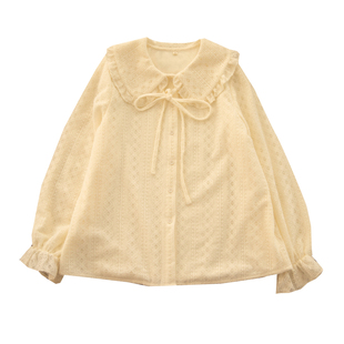 桃桃如月 法式温柔娃娃领系带杏色软糯加绒加厚打底衬衫秋冬甜美