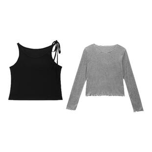 120斤的大杨胖MM大码吊带叠穿两件套女秋显瘦正肩上衣甜美长袖T恤