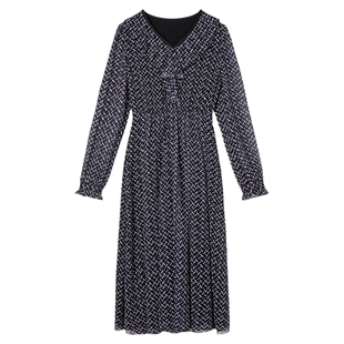 谷邦V领收腰长袖连衣裙2026春秋新款优雅气质雪纺显瘦印花中长裙