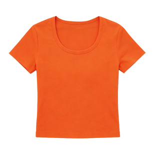 洋气减龄韩系夏季新款桔红色圆领修身纯色棉露脐短款半袖T恤上衣