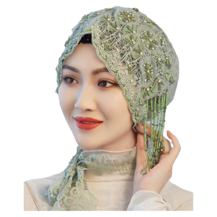 头巾帽子盖头女流苏包头帽女飘带披肩帽时尚纱巾珍珠帽子头套发帽