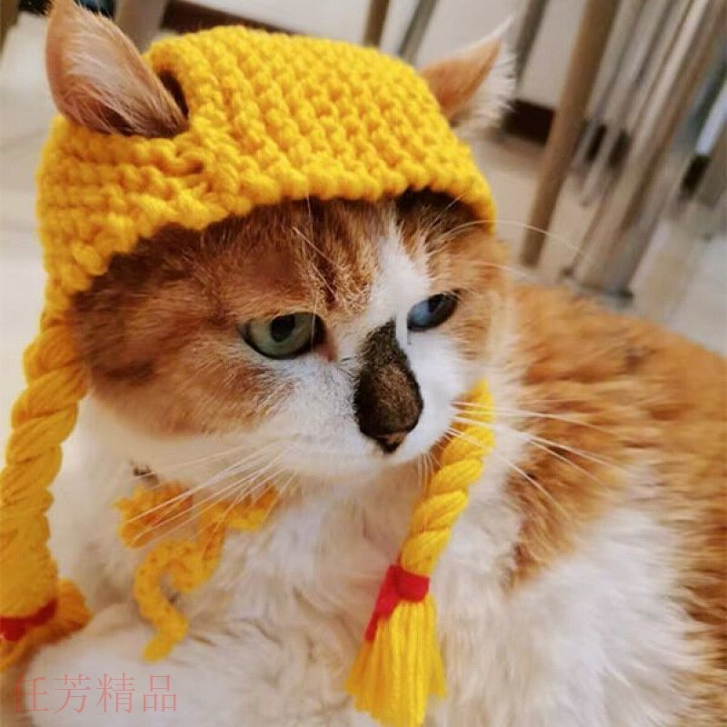 猫咪头套可爱小头饰小女生麻花辫子造型变身帽子假发毛线钩织搞笑