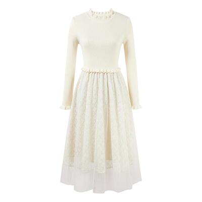 秋水伊人优雅针织拼接网纱连衣裙2025年冬季新款显瘦内搭中长裙子