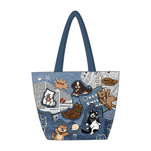 尼睿新款包包女牛仔印花单肩包可爱帆布包大容量拉链包礼物Q186