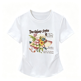 短袖T恤女2026夏季新款百搭上衣刺绣花卉礼帽印花图重工高端上衣