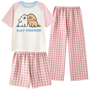 2026夏季女童睡衣线条小狗纯棉短袖长裤中大童薄款家居服三件套装