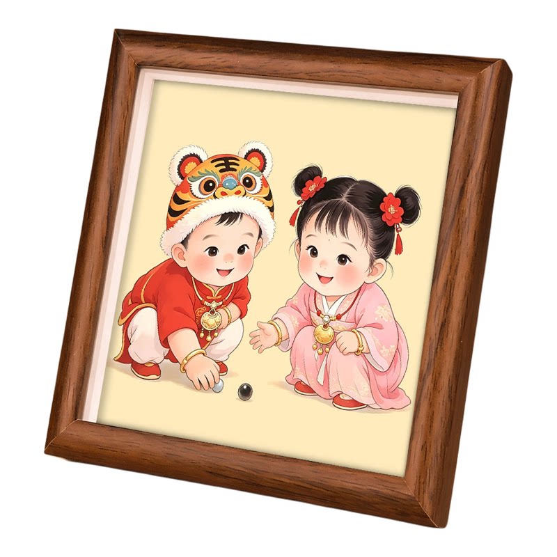 龙凤胎好孕摆台画助孕求子木相框