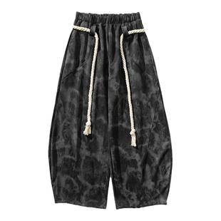 日系复古扎染休闲裤男宽松大码直筒阔腿长裤秋冬厚款卫裤弯刀裤子