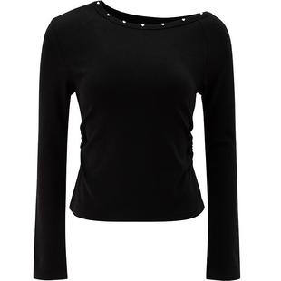 LAGOGO墨铆疏影斜肩时尚长袖T恤女拉谷谷2026春新款修身黑色上衣