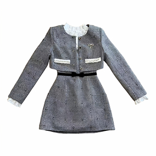 越韩小鱼 赫尔小姐 重工富家千金小香风连衣裙名媛风外套两件套装