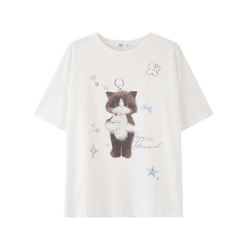 三福宽松短袖女2026新款夏季少女猫咪印花圆领t恤上衣女装518245