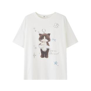 三福宽松短袖女2026新款夏季少女猫咪印花圆领t恤上衣女装518245