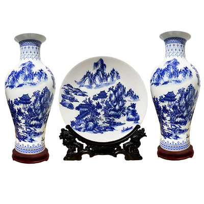 景德镇陶瓷器青花瓷三件套花瓶摆件客厅酒柜玄关电视柜家居装饰品