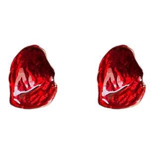 妖娆~红色珐琅滴釉耳夹复古高级大耳钉时髦港风轻奢耳环法式耳饰