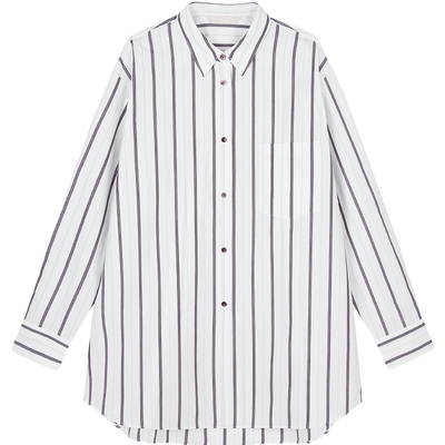 LESS通勤条纹上衣女春秋休闲男友风全棉宽松长袖衬衫女2O0210510