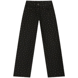 今屿花花 黑色高腰印花牛仔裤子女秋季2025新款阔腿裤 直筒 宽松