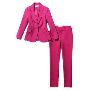 西服女2025秋冬 时尚修身套装女气质玫红色西装上衣裤子两件套