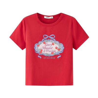 三福短袖T恤女2026新款夏季甜美樱桃图案宽松圆领上衣女装521281