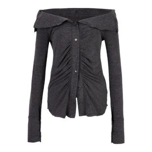 eihey诶嘿柳智敏同款露肩褶皱上衣波浪边修身性感内搭打底衫上衣