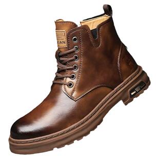 蜻蜓牌马丁靴男真皮秋冬季高帮棉鞋休闲时尚软皮软底工装皮靴男款