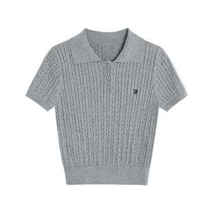 pusumede 针织polo领短袖T恤女夏季薄款设计感麻花刺绣短款上衣