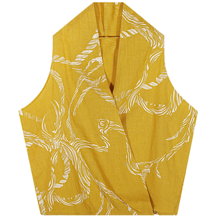 今屿花花 女款2026年新款春装无袖印花衬衫小个子苎麻混纺上衣女