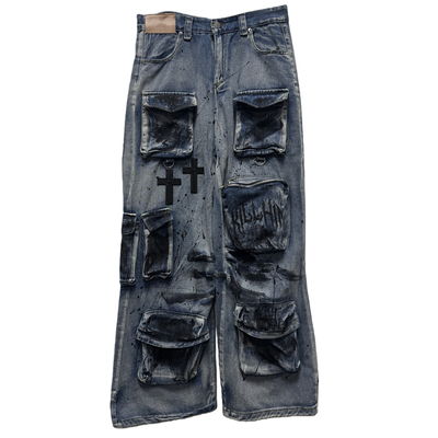 Miub美式废土风口袋阔腿牛仔裤秋