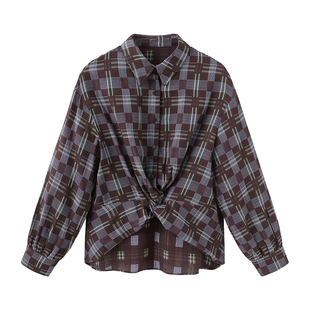 SHALL NOT UNTRUE 复古格子长袖衬衫女设计感扭结休闲显瘦衬衣