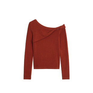 pusumede 雾白清秋 不规则扭结斜肩针织衫女气质收腰露肩打底上衣