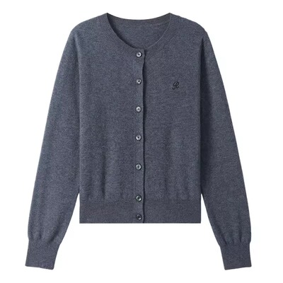 时尚朗姿春秋冬灰色圆领羊毛开衫