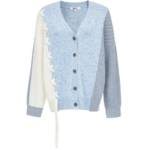 ONLY2025冬季新款宽松落肩V领撞色多针法拼接开衫毛衣针织衫女