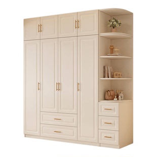 实木衣柜卧室家用简易出租房对开门免安装法式复古奶油风儿童衣柜