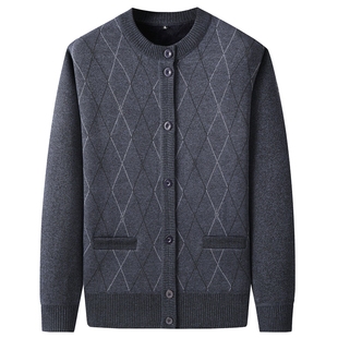 爸爸圆领开衫毛衣加绒加厚款中老年人男士针织外套爷爷秋冬装上衣