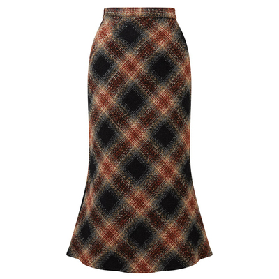 粗呢格纹小鱼尾高腰半裙法式复古