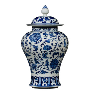 景德镇陶瓷花瓶青花瓷将军罐手绘中式茶叶罐子客厅装饰品瓷器摆件