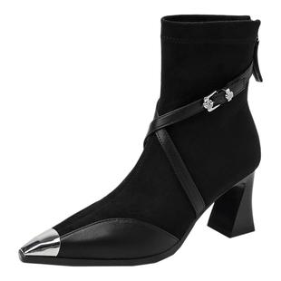 7cm法式弹力瘦瘦靴女高跟袜子靴2025新款洋气交叉扣带尖头小短靴