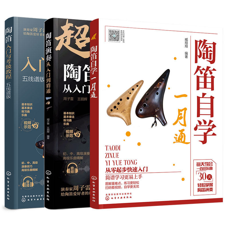 全3册 陶笛自学一月通+陶笛入门与考级教程 五线谱版 +陶笛演奏从入门到精通 陶笛自学教程曲谱大全 曲谱大全流行歌曲练习曲图书籍