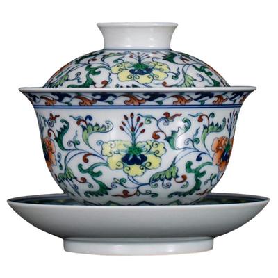 钟家窑青花斗彩缠枝纹200ml盖碗