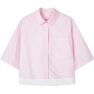 URLAZH有兰新款复古纯棉粉色休闲宽松短款衬衫女