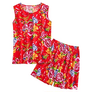 夏季女士东北大花家居服套装人造棉绸中老年妈妈睡衣无袖短裤二件