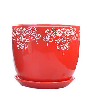 中国风大红花盆陶瓷大号清仓带托盘特大号带福字喜庆创意绿萝花盆