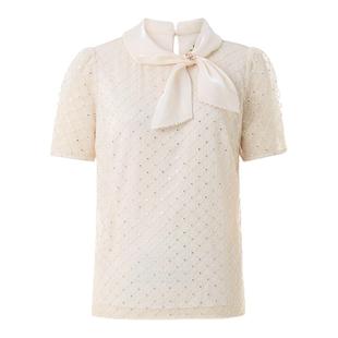 珂莱蒂尔2025年法式优雅蝴蝶结设计感系带领短袖网纱衬衫女士衬衣