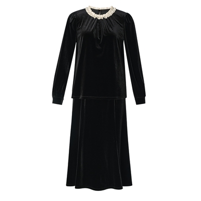 歌莉娅秋季黑色丝绒套装两件套女