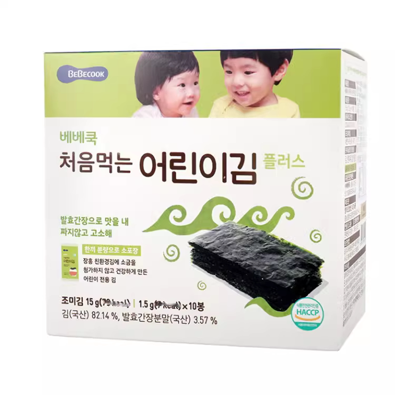韩国bebecook无酸海苔片无进口儿童零食品添加盐补高钙铁辅食紫菜