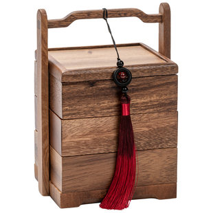 竹端胡桃木新中式茶点提盒实木精致家用干果零食婚礼乔迁四方盒