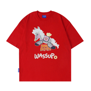 WASSUP国潮本命马年红色短袖T恤男夏季2026新款圆领体恤半袖上衣