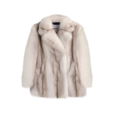 条纹翻领仿毛外套中长款皮草外套